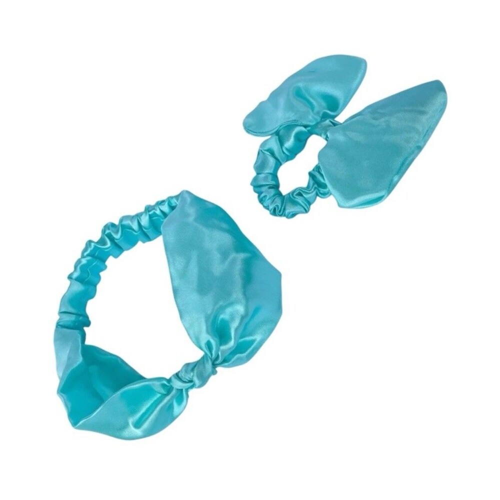 New Bow Headband Hair Ponytail Set Aqua Blue Satin Women’s & Girl - Picture 2 of 16